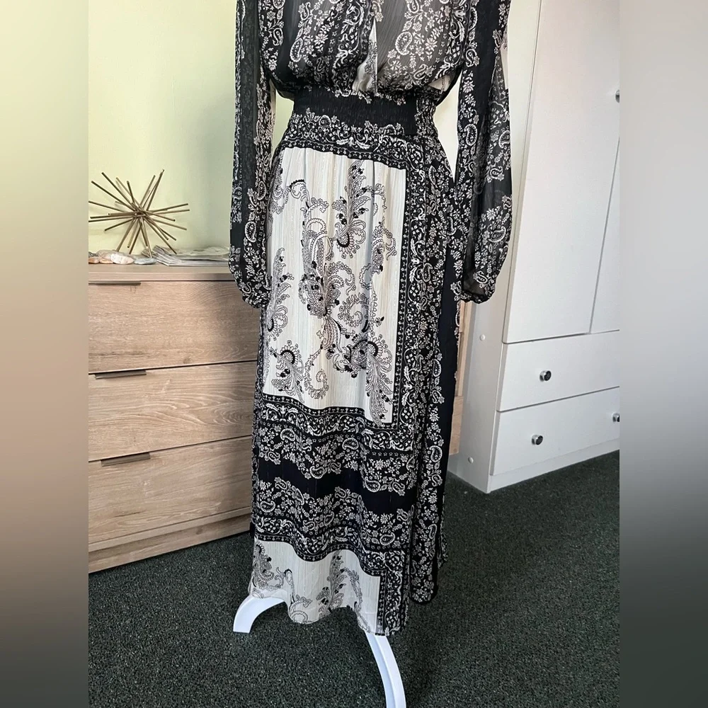 MANGO Blondie Printed Paisley Gold Thread Puff Sleeve Modest Midi Dress Sz XS-S - Picture 9 of 16